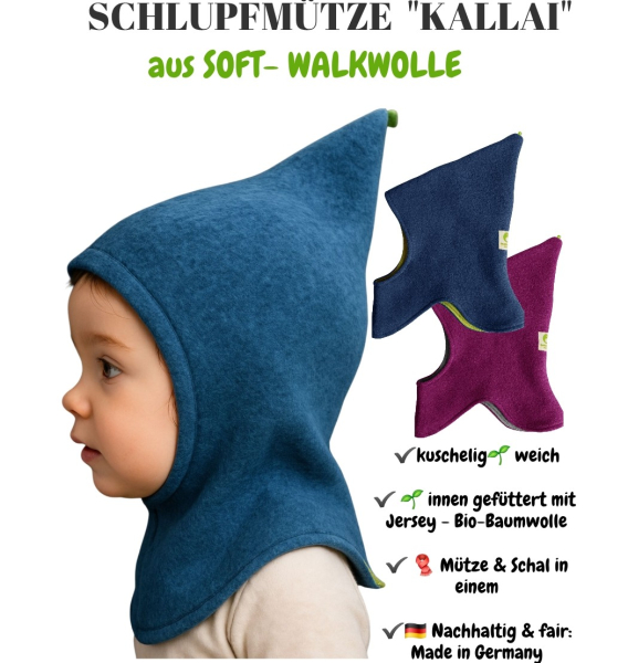KALLAI Schlupfmütze – Soft-Walkwolle (S/M, aqua | granat | marine)